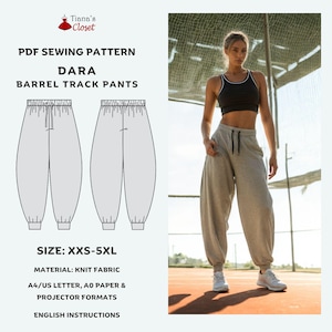 Puede incluir: Un patrón de costura PDF para pantalones de chándal Dara de pierna ancha. El patrón incluye instrucciones para las tallas XXS-5XL y está disponible en los formatos A4/US Letter, A0 y proyector. El patrón es para tejido de punto.