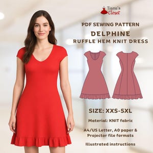 Delphine ruffle hem cap sleeve knit dress - PDF sewing pattern | Beginner digital sewing pattern for women | Easy knit dress sewing pattern