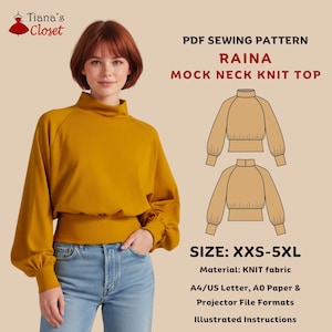 May include: Mustard yellow mock neck knit top with long sleeves and a fitted waist. The image also includes a PDF sewing pattern for the "RAINA MOCK NECK KNIT TOP" in sizes XXS-5XL, with illustrated instructions.