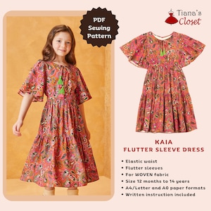 Kaia elastic waist flutter sleeve dress - PDF sewing pattern for kids | Digital sewing pattern for girls | Easy dress sewing pattern