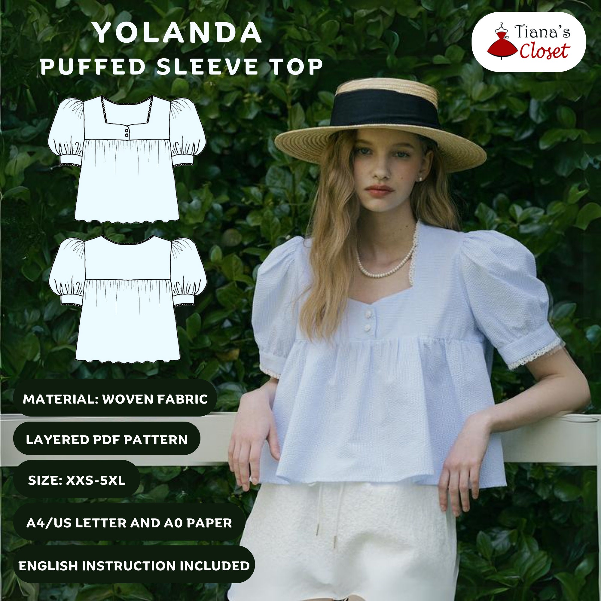 Yolanda square neck puffed sleeve top | Digital sewing pattern for women | Printable PDF sewing pattern | Tiana's Closet sewing patterns