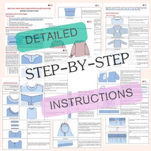 May include: Detailed step-by-step sewing instructions for a drop shoulder ruffle sleeve blouse. The instructions include diagrams and illustrations showing how to sew the neckline, sleeves, and ruffles.