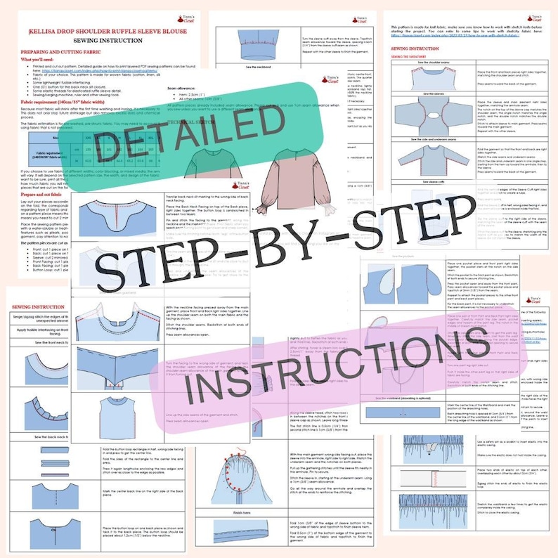 May include: Detailed step-by-step sewing instructions for a drop shoulder ruffle sleeve blouse. The instructions include diagrams and illustrations showing how to sew the neckline, sleeves, and ruffles.