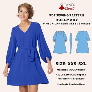 May include: PDF sewing pattern for a V-neck lantern sleeve dress called "Rosemary". The pattern is available in sizes XXS-5XL and includes instructions for sewing the dress. The pattern is printed on A4/US Letter, A0 paper, and projector file formats.