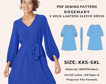 Patrón de costura para vestido de manga farol Rosemary: Vestido de tienda con cuello en V (PDF)
