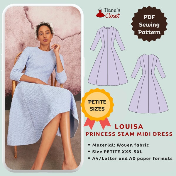PETITE SIZE PDF sewing pattern - Louisa princess seam midi dress | Printable digital sewing pattern for petite women | Elegant dress pattern