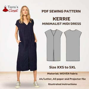 May include: A PDF sewing pattern for a minimalist midi dress called "Kerrie". The pattern includes instructions and is available in sizes XXS to 5XL. The pattern is for woven fabric and includes A4/Letter, A0 paper, and projector file formats.