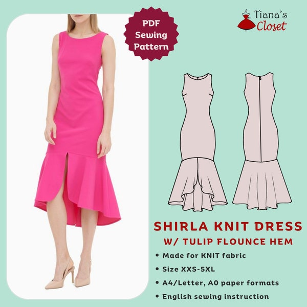 Shirla tulip flounce hem dress - PDF sewing pattern | Digital sewing pattern for women | Easy knit dress sewing pattern | Tiana's Closet