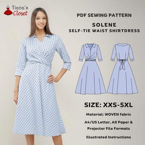 May include: A light blue and white plaid self-tie waist shirtdress. The image includes a PDF sewing pattern with the text "SOLENE" and "SIZE: XXS-5XL". The dress features a collared neckline and a wrap-style waist. The pattern is for woven fabric.