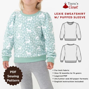 Op de afbeelding: Een PDF-naai-patroon voor een sweatshirt met gepofte mouwen. Het patroon is geschikt voor breiwerk en bevat instructies voor maten van 12 maanden tot 14 jaar. Het patroon is beschikbaar in gelaagd PDF-formaat en kan worden afgedrukt op A4/Letter en A0 papierformaten.