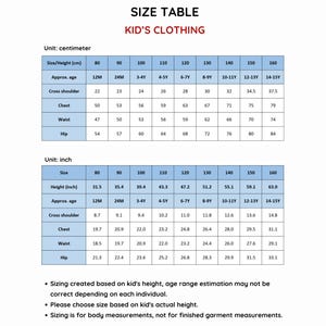 K&ouml;nnte beinhalten: Gr&ouml;&szlig;entabelle f&uuml;r Kinderkleidung mit Ma&szlig;en in Zentimetern und Zoll. Die Tabelle zeigt Gr&ouml;&szlig;en von 80 cm bis 160 cm mit den entsprechenden ungef&auml;hren Altersangaben, Schulterbreite, Brustumfang, Taillenumfang und H&uuml;ftumfang.