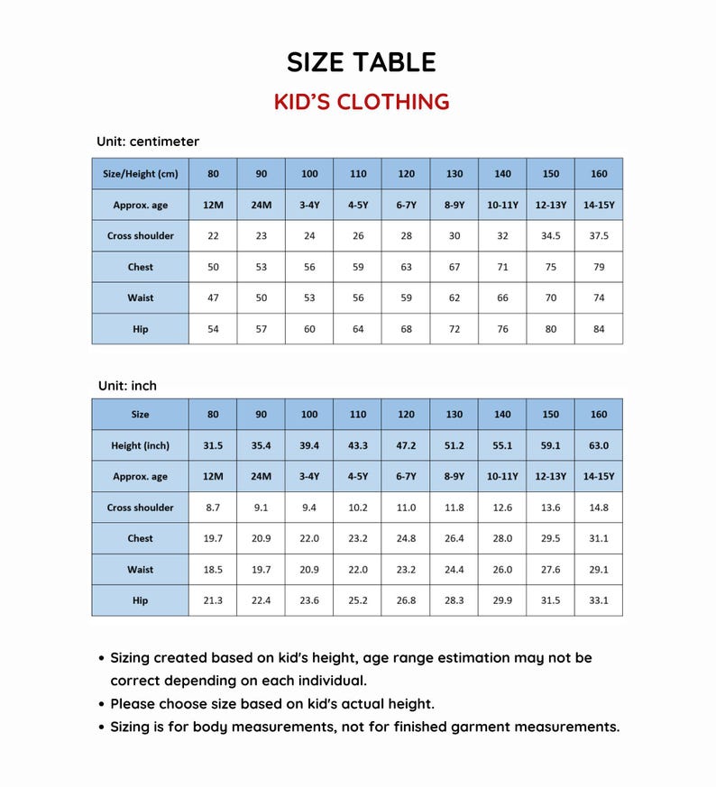 K&ouml;nnte beinhalten: Gr&ouml;&szlig;entabelle f&uuml;r Kinderkleidung mit Ma&szlig;en in Zentimetern und Zoll. Die Tabelle zeigt Gr&ouml;&szlig;en von 80 cm bis 160 cm mit den entsprechenden ungef&auml;hren Altersangaben, Schulterbreite, Brustumfang, Taillenumfang und H&uuml;ftumfang.
