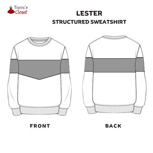 May include: White structured sweatshirt with a gray chevron design across the chest. The image shows both the front and back views of the long-sleeved garment. Text on the image reads "LESTER STRUCTURED SWEATSHIRT" and "FRONT" and "BACK".
