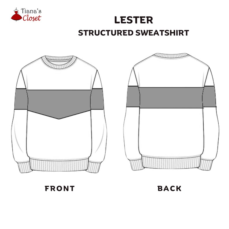 May include: White structured sweatshirt with a gray chevron design across the chest. The image shows both the front and back views of the long-sleeved garment. Text on the image reads "LESTER STRUCTURED SWEATSHIRT" and "FRONT" and "BACK".