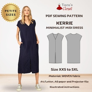 Op de afbeelding: Een vrouw poseert in een marineblauwe minimalistische midi-jurk met een V-hals en zakken. De afbeelding bevat een gouden zegel met de tekst "Petite Sizes" en een patroondiagram. Tekst op de afbeelding luidt "Kerrie Minimalist Midi Dress" en "Size XXS to 5XL".