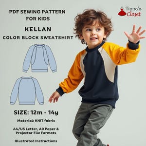 Patrón de costura en PDF para niños con sudadera con bloques de color Kellan / Patrón digital imprimible para niño y niña / Patrón para proyector A4 Letter A0