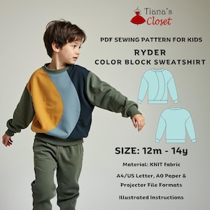 Sudadera con bloques de color Ryder - Patrón de costura en PDF para niños / Patrón digital imprimible para niño y niña / Patrón para proyector en papel tamaño A4, carta A0