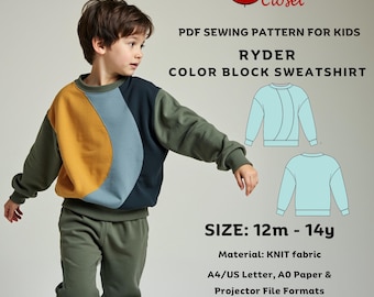 Ryder Color Block Sweatshirt Schnittmuster: Kinder Unisex-Design (PDF-Muster)