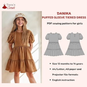 May include: A brown, tiered dress with puffed sleeves. The image includes a PDF sewing pattern for girls, labelled "DANIKA PUFFED SLEEVE TIERED DRESS." The pattern is for sizes 12 months to 14 years and includes English instructions.