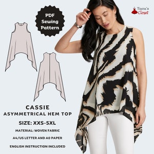 Patrón de costura para blusa Cassie con dobladillo asimétrico: tallas de mujer XXS-5XL (patrón en PDF)