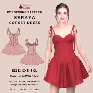 May include: A red Seraya corset dress with tie straps, as seen on a model. The image includes a pattern for the dress, with the text "PDF SEWING PATTERN SERAYA CORSET DRESS". The pattern is available in sizes XXS-5XL, made of woven fabric.