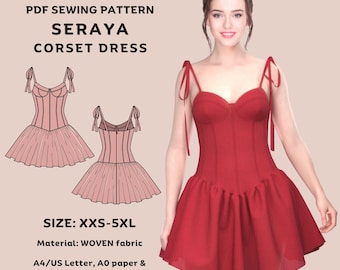 Seraya Corset Midi Dress Sewing Pattern: Tie Shoulder, XXS-5XL (PDF Pattern, A0/A4/Projector Formats