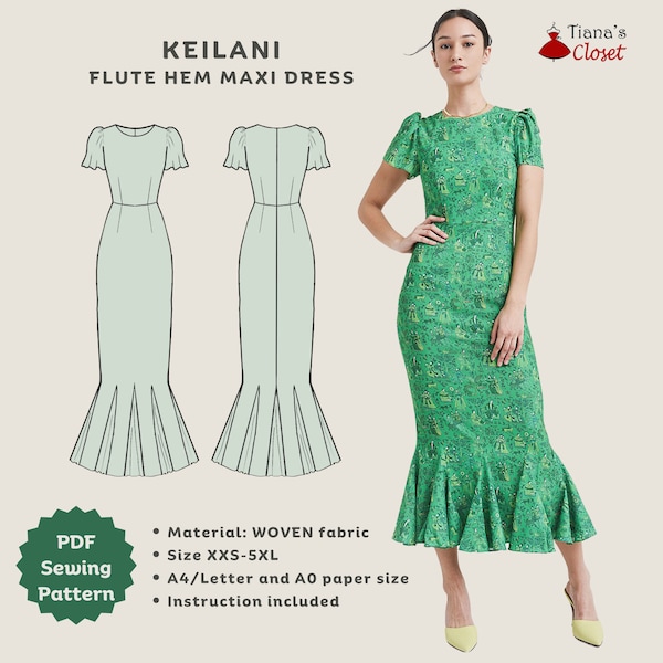 Keilani flute hem midi dress - PDF sewing pattern | Digital sewing pattern for women | Printable sewing pattern | Elegant dress pattern