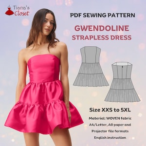 May include: A PDF sewing pattern for a strapless dress called "Gwendoline". The pattern includes instructions for sizes XXS to 5XL and is made for woven fabric. The pattern is available in A4/Letter, AO paper and projector file formats. The pattern is shown on a model wearing a pink version of the dress.
