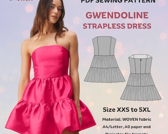 Gwendoline Strapless Mini Dress Sewing Pattern: Bandeau Bodice, Tiered Skirt, XXS-5XL, Layered PDF, Instant Download