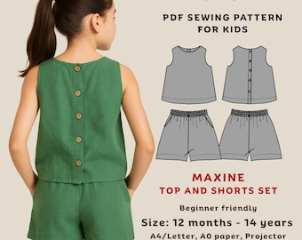 Completo top e pantaloncini Maxine - Cartamodello PDF per bambini / Cartamodello digitale per principianti per bambine / Taglie da 12 mesi a 14 anni