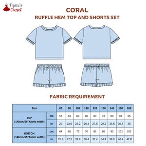 K&ouml;nnte beinhalten: Stoffbedarfstabelle f&uuml;r ein Korallen-R&uuml;schenoberteil und -Shorts-Set. Die Tabelle zeigt die ben&ouml;tigte Stoffbreite in Zoll und Zentimetern f&uuml;r die Gr&ouml;&szlig;en 80 bis 160.