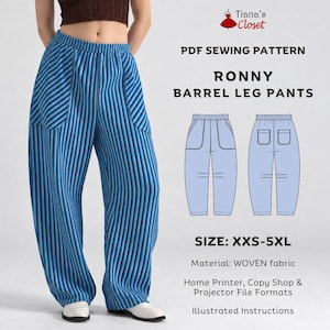 Könnte beinhalten: Ein PDF-Schnittmuster für die Ronny Barrel Leg Hose von Tiana's Closet. Das Bild zeigt eine blau-schwarz gestreifte Hose mit elastischem Bund und Seitentaschen sowie eine technische Strichzeichnung der Vorder- und Rückansicht.