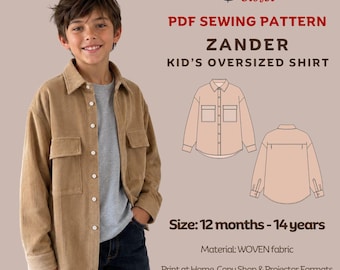Zander Oversized Shirt PDF Sewing Pattern for Kids: Classic, Timeless Casual Wear, Size 12m - 14y, Print At Home / Copy Shop / Projector