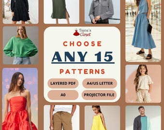 15 Sewing Patterns Bundle: Dress, Top, Pants, Skirt (PDF)