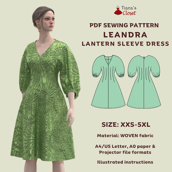 Leandra Lantern Sleeve V-neck Dress Sewing Pattern: Fit & Flare (XXS-5XL)  (PDF Pattern A0/a4/projector Format) - Etsy