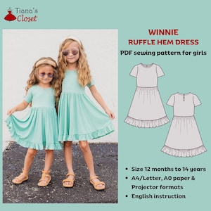 May include: A PDF sewing pattern for a Winnie Ruffle Hem Dress for girls, sizes 12 months to 14 years. The pattern includes A4/Letter, AO paper and projector formats, and English instructions.