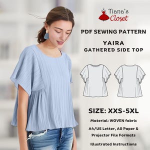 Yaira Dolman Sleeve Gathered Top Sewing Pattern (Sizes XXS-5XL, Instant Download PDF, A0/Copy shop, A4/US Letter & Projector File Formats)