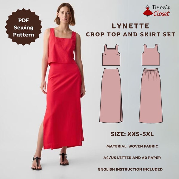 Lynette crop top and skirt set - PDF sewing pattern | Simple sleepwear pattern | Beginner friendly sewing pattern | Tiana's Closet Patterns