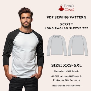 Padrão de costura PDF para camiseta Scott manga raglan longa | Padrão digital para homens | Top de malha unissex | Tamanho XXS-5XL | Padrão de projetor de letras A0 A4