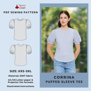 Camiseta de manga bufante Corrina | Fácil para iniciantes | Padrão de costura em PDF para impressão | Tamanho XXS - 5XL | A4/US Letter, A0, Padrão de costura para projetor
