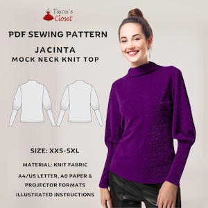 Jacinta Knit Top Sewing Pattern: Mock Neck, Puffed Sleeve (PDF Pattern)