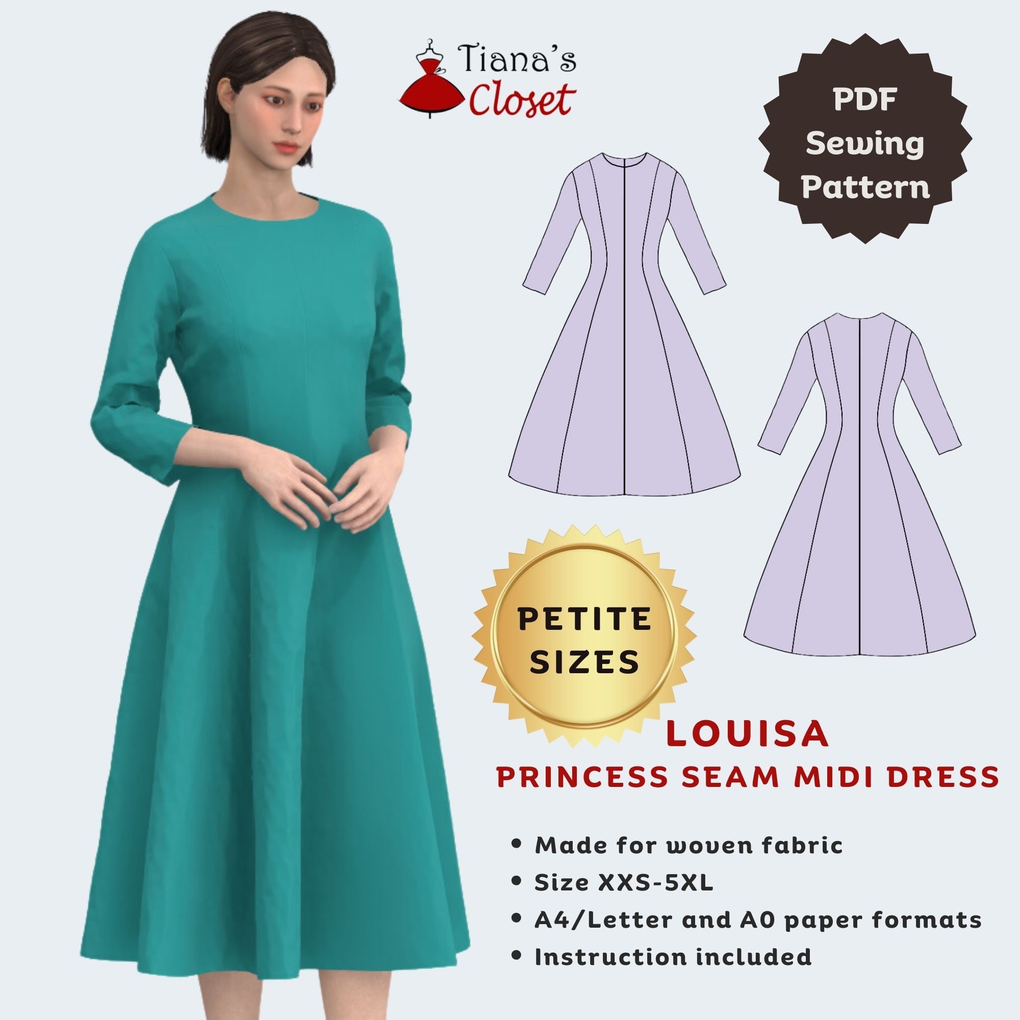 Petite Louisa Princess Seam Midi Dress Sewing Pattern (PDF) - Etsy