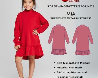 Mia ruffle hem sweatshirt dress - PDF sewing pattern for kids | Digital dress pattern for girls | Size 12 months to 14 years | Layered PDF