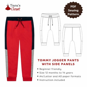 Puede incluir: Patrón de costura PDF para pantalones de chándal Tommy con paneles laterales. El patrón incluye instrucciones y está disponible en tallas de 12 meses a 14 años. El patrón está disponible en formatos A4/Letter y A0.