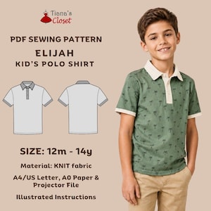 May include: A PDF sewing pattern for a kid's polo shirt titled Elijah by Tiana's Closet. The image shows a child wearing a green polo shirt with a palm tree print, a white collar, and white sleeve cuffs, alongside a technical line drawing.