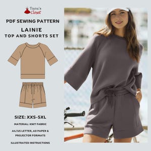 May include: A PDF sewing pattern for the Lainie top and shorts set. The image shows a sketch of the top and shorts in a tan color, and a person wearing the set in a dark gray color. The pattern includes sizes XXS-5XL and is made with knit fabric.