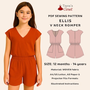 Ellis Romper PDF Sewing Pattern: Kids&#39; V-Neck Jumpsuit (Sizes 80-160)