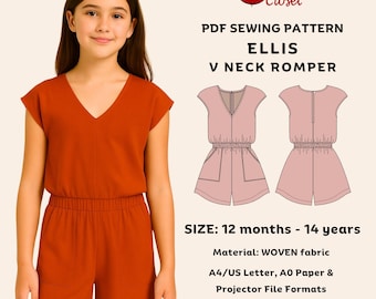 Ellis Romper PDF Sewing Pattern: Kids' V-Neck Jumpsuit (Sizes 80-160)