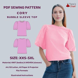 Puede incluir: Patrón de costura PDF para una blusa de manga globo llamada "Cory". El patrón incluye instrucciones para las tallas XXS-5XL y está disponible en los formatos A4/US Letter, A0 y proyector. El patrón es para tejido de punto para el corpiño y tejido tejido para las mangas.
