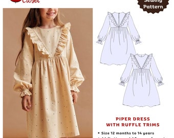 Piper dress with ruffle trims - PDF sewing pattern for kids | Digital sewing pattern for girls | Easy girl dress sewing pattern